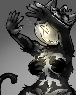 anthro breasts female food for_a_head front_view fruit glistening glistening_body glistening_skin glowing glowing_eyes hand_shadow light orange_eyes plant pumpkin pumpkin_head shadow solo tail h0t-garbage epic_games fortnite shadow_hands_challenge spice_(fortnite) felid feline mammal object_head 2026 4:5 absurd_res digital_media_(artwork) hi_res lighting monochrome partially_colored shaded signature