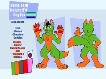 4_fingers 4_toes anthro arm_tuft black_hair blue_background chest_tuft claws crotch_tuft digitigrade dipstick_ears dipstick_tail ear_markings facial_tuft fangs feet finger_claws fingers fur gloves_(marking) green_body green_fur grey_claws grey_nose hair hand_on_hip head_tuft leg_markings leg_tuft lgbt_pride male markings multicolored_body multicolored_ears neck_tuft open_mouth open_smile orange_body orange_fur pawpads paws pink_tongue pride_colors red_pawpads shoulder_tuft simple_background smile socks_(marking) solo tail tail_markings tail_tuft teeth text toe_claws toes tongue tuft vincian_pride_colors waist_tuft wide_eyed xing1 fern_the_fox canid canine fox mammal digital_media_(artwork) english_text flat_colors hi_res model_sheet