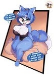 abstract_background anthro big_breasts blue_body blue_fur blue_hair bracelet breast_jiggle breast_squish breasts bulging_breasts cleavage cleavage_cutout clothed clothing curvy_anthro curvy_female curvy_figure cutout dialogue eyelashes feet female fluffy fluffy_tail fur hair hourglass_figure hourglass_figured_anthro hourglass_figured_female huge_breasts jewelry jiggling leotard long_tail looking_at_viewer multicolored_body multicolored_fur open_mouth short_hair simple_background sitting skimpy small_waist smile solo squish tail talking_to_viewer teal_eyes teeth text thick_thighs toes tongue two_tone_body two_tone_fur white_body white_fur wide_hipped_anthro wide_hipped_female wide_hips inkit89 nintendo star_fox krystal_(star_fox) canid canine fox mammal 2023 digital_drawing_(artwork) digital_media_(artwork) english_text hi_res