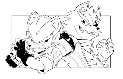 5_fingers anthro claws clothed clothing duo eyebrows finger_claws fingers fur gloves handwear male teeth topwear staticblu nintendo star_fox fox_mccloud wolf_o'donnell canid canine canis fox mammal wolf 2025 monochrome