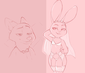 anthro bride clothed clothing duo eyebrows female fur garter_belt garter_straps legwear navel panties skimpy teeth thigh_highs topwear underwear hardyboy disney zootopia judy_hopps nick_wilde canid canine fox lagomorph leporid mammal rabbit absurd_res hi_res