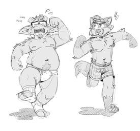 anthro backwards_baseball_cap backwards_hat barefoot baseball_cap belly_hair black_text bodily_fluids body_hair boxers_(clothing) boxers_only briefs clothed clothing duo eyes_closed eyewear facial_hair feet footwear gasping_for_air glasses goatee hat headgear headwear horn male markings muscular muscular_male navel nipples open_mouth open_smile out_of_shape plaid_boxers running shadow simple_background smile socks spots spotted_markings sweat tears teeth_showing text tighty_whities toeless_footwear toeless_socks tongue_showing topless topless_anthro topless_male underwear underwear_only white_background white_briefs white_clothing white_footwear white_socks white_underwear tinydeerguy gary_(tinydeerguy) sam_(tinydeerguy) bovid caprine goat mammal procyonid raccoon english_text hi_res monochrome