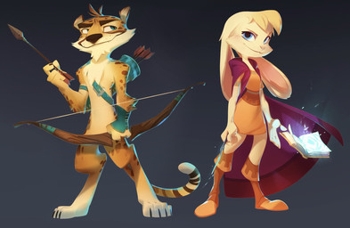 4_fingers 4_toes anthro arm_tuft armband arrow_(weapon) bangs black_claws black_eyebrows black_nose black_stripes blonde_eyebrows blonde_hair blue_armband blue_eyes blue_wristband blush book boots bow_(weapon) breasts brown_spots claws closed_smile clothed clothed_anthro clothed_female clothing dipstick_tail dress duo elbow_tuft eyebrows fangs feet female female_anthro finger_claws fingers floating_book floppy_ears footwear fur grey_background hair holding_arrow holding_bow_(weapon) holding_object holding_ranged_weapon holding_wand holding_weapon long_ears long_tail looking_at_viewer lop_ears magic magic_user male male_anthro markings mouth_closed multicolored_body multicolored_fur multicolored_tail nude_anthro nude_male open_book open_clothing open_topwear open_vest orange_boots orange_clothing orange_dress orange_footwear paws ranged_weapon red_clothing red_topwear red_vest shoes short_hair simple_background small_breasts smile smiling_at_viewer spots spotted_body spotted_fur standing striped_markings striped_tail stripes tail tail_markings tan_inner_ear teeth thick_eyebrows toe_claws toes topwear tuft vest wand weapon white_tail_tip yellow_body yellow_fur nicholas_kole activision spyro_reignited_trilogy spyro_the_dragon bianca_(spyro) hunter_(spyro) cheetah felid feline lagomorph leporid mammal rabbit 2018 colored concept_art digital_drawing_(artwork) digital_media_(artwork) hi_res official_art procreate_(artwork) shaded