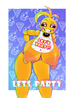 anthro bib big_breasts big_nipples breasts eyeshadow female food machine makeup nipples pizza poster sharp_teeth solo teeth yellow_body p1k4achumostacho five_nights_at_freddy's five_nights_at_freddy's_2 scottgames cupcake_(fnaf) toy_chica_(fnaf) animatronic robot 3:4 hi_res