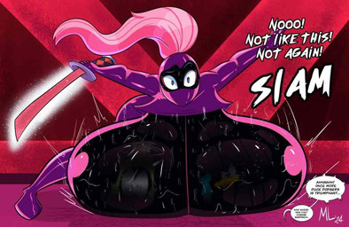 big_breasts black_body bodily_fluids breasts clothing exclamation_point exposed_breasts female hair holding_melee_weapon holding_object holding_sword holding_weapon huge_breasts hyper hyper_breasts melee_weapon not_furry onomatopoeia purple_eyes skinsuit solo sound_effects speech_bubble sweat sweaty_breasts sword text tight_clothing wardrobe_malfunction weapon white_hair ameizinglewds duck_dodgers queen_tyr'ahnee alien alien_humanoid humanoid martian 2024 english_text