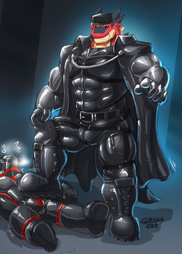 5_fingers abs anthro barazoku bdsm biceps big_muscles biped black_sclera blue_eyes bondage bound dominant dominant_anthro dominant_male drone duo fingers gesture hand_gesture leather_daddy lock_bulge looking_at_viewer male male/male muscular muscular_anthro muscular_dom muscular_male muscular_sub pecs pointing pointing_at_viewer restraints rope rope_bondage submissive submissive_anthro submissive_male glaucablitz mythology ambiguous_species dragon mythological_creature mythological_scalie scalie 2023 hi_res