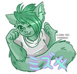 5_fingers :3 anthro arm_tuft bangs bent_arm circle_eyebrows clothed clothing eyebrows eyelashes fangs female fingers fluffy fluffy_tail fur green_body green_eyebrows green_eyes green_fur green_hair green_inner_ear hair long_tail looking_at_viewer neck_tuft one_eye_closed pink_mouth pink_nose raised_arm shirt simple_background solo t-shirt tail teeth text topwear tuft white_background white_clothing white_shirt white_t-shirt white_topwear wink winking_at_viewer yaminoneko domestic_cat felid feline felis mammal 2019 absurd_res artist_name colored digital_drawing_(artwork) digital_media_(artwork) hi_res japanese_text shaded translated