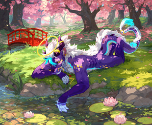 anthro black_sclera blue_markings bridge brown_body day grass hair horn lying male markings mouth_closed nude on_front plant purple_horn short_hair solo tail tail_tuft tree tuft water white_body white_hair yellow_eyes yellow_markings corzh77 mythology dragon mythological_creature mythological_scalie scalie absurd_res hi_res