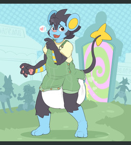 3_toes 4_fingers ambiguous_gender anthro big_diaper black_body black_fur black_tail blue_body blue_fur blush blush_lines button_(fastener) clothed clothing daycare detailed_background diaper feces feet fingers flustered fur grass green_clothing green_overalls group head_tuft heart_symbol leg_markings markings open_mouth open_smile outside overalls pawpads pink_nose pink_pawpads plant pooping portal question_mark sharp_teeth shirt shrub smile socks_(marking) soiled_diaper soiling soiling_diaper solo_focus spiral standing striped_arms tail teeth thought_bubble toes topwear tuft unclean_diaper used_diaper using_diaper wearing_diaper white_diaper yellow_body yellow_clothing yellow_fur yellow_inner_ear yellow_shirt yellow_topwear bubblepuppers nintendo pokemon background_character bubblegum_(bubblepuppers) goat_(daxter131) jordan_shinespark wob_(character) generation_4_pokemon luxray pokemon_(species) hi_res letterbox