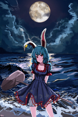 beach bloomers blue_clothing blue_dress blue_hair bottomwear breasts clothing cloud cloudy_sky dress ear_clip female frilly frilly_clothing frilly_dress frilly_sleeves frilly_topwear full_moon hair hammer hands_behind_back holding_hammer holding_object holding_tool kine_(mallet) light looking_at_viewer moon moonlight night outside red_eyes sea short_sleeves sky solo standing tools topwear water wave white_bloomers white_bottomwear white_clothing 103anon touhou seiran animal_humanoid humanoid lagomorph lagomorph_humanoid leporid_humanoid mammal mammal_humanoid rabbit_humanoid hi_res portrait three-quarter_portrait
