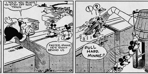 anthro bloomers bottomwear clothed clothing dialogue female fingers footwear frilly frilly_bloomers frilly_bottomwear frilly_clothing fur gloves group handwear hat headgear headwear male open_mouth outside running shoes suspenders text train trio vehicle water floyd_gottfredson hardie_gramatky jack_king disney public_domain mickey_mouse minnie_mouse mammal mouse murid murine rodent 1930 20th_century absurd_res ancient_art black_and_white comic dated english_text hi_res long_image monochrome signature wide_image