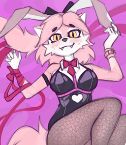 anthro bunny_costume clothing costume female fishnet_stockings fur hair looking_at_viewer pink_background pink_body pink_fur pink_hair simple_background solo marsminer deco_27_(producer) rabbit_hole_(deco_27) roe_zorra canid canine mammal