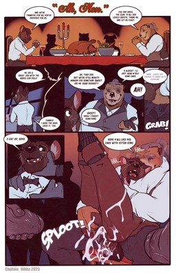 5_fingers 6_panel_comic accent after_anal after_sex anthro anthro_on_anthro balls bar_emanata barely_visible_balls barely_visible_genitalia bedroom_eyes big_ears black_bottomwear black_bow_tie black_claws black_clothing black_eyebrows black_footwear black_garter_straps black_nose black_panel black_pants black_pawpads black_socks black_text blue_eyes blush bodily_fluids border bottomless bottomwear bow_tie bowl breath brown_balls brown_body brown_ears brown_eyes brown_fur brown_hair brown_penis brown_tail butt butt_grab button_(fastener) candle candlestick chair cheek_tuft chin_tuft claws clothed clothed_sex clothing compliment complimenting_cooking container countershade_inner_ear countershade_neck countershade_torso countershading cum cum_expulsion cum_fart cum_from_ass cum_in_ass cum_inside cum_leaking_from_ass cum_leaking_out cum_on_butt cum_on_leg cum_on_penis cup darkened_balls darkened_genitalia dialogue dominant drinking_glass duo duo_focus ellipsis emanata exclamation_point eyebrows eyes_closed faceless_anthro faceless_character facial_markings facial_tuft fangs feast featureless_character fingerless_(marking) fingers food footwear foreskin fur furniture garter_socks genital_fluids genitals glass glass_container glass_cup glistening glistening_eyes glistening_genitalia glistening_nose glistening_penis green_text_outline grey_eyebrows grey_hair grey_inner_ear_fluff grey_penis grin group hair half-closed_eyes hand_behind_neck hand_on_butt head_markings holidays humanoid_genitalia humanoid_penis imminent_gangbang inner_ear_fluff larger_dom larger_male leaking_cum lean_body legs_up light looking_aside looking_back looking_pleasured lying male male/male markings masturbation mischievous_smile moan mostly_onscreen muzzle_(marking) narrowed_eyes neck_tuft one_eye_closed onomatopoeia open_mouth overweight overweight_anthro overweight_male pants partially_retracted_foreskin pawpads penis pink_tongue plate ponytail praying pronounced_browridge pupils question_mark quotation_marks red_text retracted_foreskin round_ears salad seductive sex shadowed_face shirt short_hair sitting sitting_sex size_difference smaller_male smile soapy socks sound_effects spread_legs spread_thighs spreading stuttering surprised sweat sweaty_face tail teeth text thick_eyebrows thick_penis title_card tongue topwear tuft vein veiny_penis washing_dishes whiskers white_border white_claws white_clothing white_sclera white_shirt white_speech_bubble white_text white_topwear wine_glass captain_nikko burrows_(captain_nikko) thanksgiving colt_(captain_nikko) jessie_(captain_nikko) bear canid canine felid feline gulonine mammal marten mustelid musteline otter pine_marten sea_otter 2025 artist_name comic dated digital_drawing_(artwork) digital_media_(artwork) english_text hi_res one_page_comic