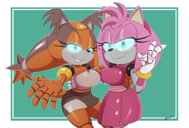 accessory anthro big_breasts breasts clothed clothing cybernetics duo female looking_at_viewer machine pink_body simple_background smile thick_thighs wide_hips bigdon1992 nyuroraxbigdon sega sonic_boom sonic_the_hedgehog_(series) amy_rose amy_rose_(boom) cyborg_amy cyborg_sticks sticks_the_jungle_badger android badger cyborg eulipotyphlan european_hedgehog hedgehog mammal mustelid musteline robot digital_media_(artwork) hi_res