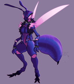 antennae_(anatomy) anthro arthropod_abdomen bracelet breasts clothing collar female jewelry mandibles multi_arm multi_limb non-mammal_breasts pink_eyes purple_body simple_background solo spiked_bracelet spiked_collar spikes stinger topwear vest wings wristband gingerbreadcookies arthropod hymenopteran insect wasp hi_res source_request unavailable_at_source