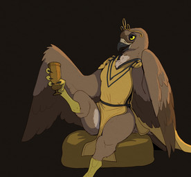 anthro avian_feet beak bottomless bottomless_female breasts clothed clothing cushion feet female foot_holding_object medium_breasts non-mammal_breasts open_beak open_mouth semi-anthro simple_background sitting solo talons toes yellow_clothes yellow_eyes garbagegarage chamomilla_wespenbussard accipitrid accipitriform avian bird honey_buzzard perninae