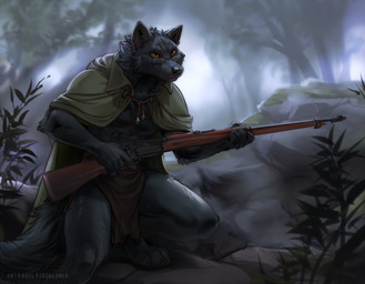 anthro barefoot biped bolt_action_rifle bottomwear claws cloak clothed clothed_anthro clothed_male clothing eyewear feet fingers front_view fur glasses gun holding_gun holding_object holding_ranged_weapon holding_weapon krag-jorgensen loincloth male outside plant pointy_ears prick_ears ranged_weapon rifle solo tail toes tree weapon wearing_glasses yellow_eyes koul canid canine canis mammal wolf 2025
