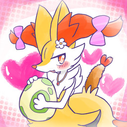 accessory ambiguous_anthro ambiguous_gender anthro biped blush blush_stickers bow_ribbon cute_fangs dipstick_tail egg fangs flower flower_in_hair food front_view hair hair_accessory hair_bow hair_ribbon heart_symbol holding_egg holding_object jewelry looking_at_viewer markings necklace necklace_only nude object_in_tail open_:3 open_mouth open_smile plant pokemon_egg ribbons shrimp_(food) simple_background smile solo standing tail tail_markings teeth three-quarter_view annyui0611 nintendo pokemon braixen canid generation_6_pokemon mammal pokemon_(species) 1:1 2024 digital_drawing_(artwork) digital_media_(artwork) half-length_portrait hi_res japanese_description portrait translated_description