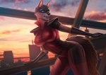 anthro bodysuit city city_background cityscape clothing female hero latex latex_clothing latex_skinsuit rubber_clothing skin_tight_suit skinsuit solo suit suit_symbol sunset tight_clothing vigilante banni_art legend_of_ahya fan_character murana_wolford_(darkflame-wolf) canid canine canis mammal wolf hi_res