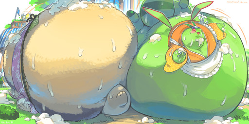apron belly big_belly clothing duo green_body huge_belly outside overweight wings utsuki_maito nintendo pokemon flygon generation_3_pokemon generation_8_pokemon hisuian_form hisuian_typhlosion pokemon_(species) regional_form_(pokemon) 2025 2:1 hi_res