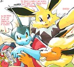 anthro chips_(food) clothed clothing dorsal_fin eyes_closed fin fingers food group male open_mouth open_smile smile text trio dahecksajerry nintendo pokemon booster_(dahecksajerry) jet_(dahecksajerry) pierrot_(dahecksajerry) eeveelution flareon generation_1_pokemon jolteon pokemon_(species) vaporeon english_text