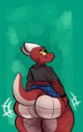 anthro armwear big_butt bottomwear bouncing_butt butt clothed clothing femboy fishnet_armwear fishnet_clothing fishnet_legwear horn huge_butt legwear looking_at_viewer looking_back male red_body red_scales scales skirt solo tail tail_under_skirt thick_thighs ralohsarts phenax kobold scalie absurd_res hi_res