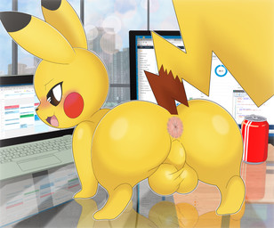 all_fours anus backsack balls beverage_can black_sclera blush butt computer desk dipstick_ears ear_markings electronics feral fur furniture genitals glistening glistening_eyes inside laptop lens_flare looking_at_viewer looking_back male male_feral monitor multicolored_ears narrowed_eyes office open_mouth open_smile perineum presenting presenting_anus presenting_balls presenting_hindquarters rear_view red_cheeks reflection sky smile solo table tongue window yellow_body yellow_fur lemonlime nintendo pokemon generation_1_pokemon pikachu pokemon_(species) 2021 digital_media_(artwork) hi_res