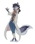 4_fingers 4_toes anthro barefoot bottomwear clothing coat denim denim_bottomwear denim_clothing digitigrade feet female fingers fluffy fluffy_tail fur gesture grey_body grey_fur hair jeans long_hair looking_at_viewer pants purple_body purple_fur purple_hair scarf simple_eyes smile smiling_at_viewer solo sweater tail toes topwear waving waving_at_viewer vistamage hioshiru_(character) canid canine enfield fox mammal 4:5 hi_res