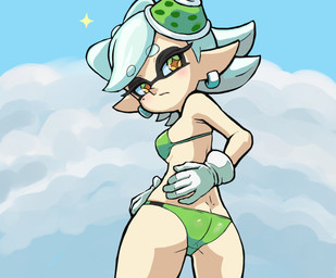 bikini breasts circle_eyebrows clothing ear_piercing ear_ring eyebrows eyelashes female gloves green_bikini green_clothing green_swimwear handwear humanoid_pointy_ears looking_back piercing pointy_ears pseudo_hair ring_piercing side_boob small_breasts solo swimwear tentacle_hair tentacles two-piece_swimsuit yellow_eyes hosimametora nintendo splatoon marie_(splatoon) animal_humanoid aquatic cephalopod humanoid inkling mollusk mollusk_humanoid 2025 hi_res