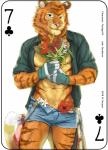 2018 abs anthro card card_template clothed clothing clubs_(suit) copyright_symbol digital_media_(artwork) english_text felid flower fonyaa fur gardener gloves handwear holding_object looking_at_viewer male mammal muscular muscular_anthro muscular_male navel orange_body orange_fur pantherine pecs plant playing_card playing_card_template seven_of_clubs shirt simple_background smile solo standing striped_body striped_fur stripes suit_symbol symbol text tiger topwear white_background