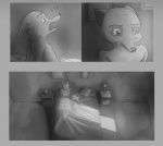 alternate_universe ambiguous_gender anthro bed bedding duo furniture hug male night waking_up bobolesinge disney zootopia judy_hopps nick_wilde canid canine fox lagomorph leporid mammal rabbit comic greyscale monochrome