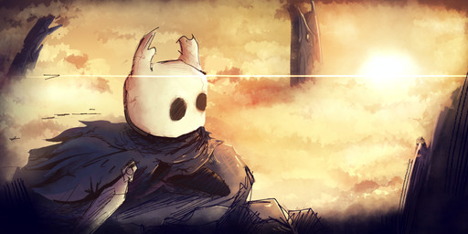 2_horns ambiguous_gender biped black_body black_eyes cloak clothed clothing cloud day empty_eyes glowing holding_melee_weapon holding_object holding_weapon horn melee_weapon nail_(weapon) outside solo standing sun weapon dassfy hollow_knight_(franchise) team_cherry the_knight_(hollow_knight) arthropod vessel_(species) 2026 absurd_res hi_res