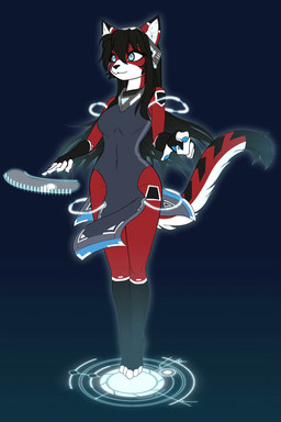 5_fingers anthro black_hair female fingers floating fur gradient_background hair machine red_body red_fur science_fiction simple_background solo wookylee ara_(fluff-kevlar) android felid feline mammal robot 2021 2:3 2d_animation animated animated_png loop