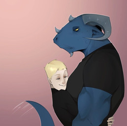 anthro blue_body duo female horn hug male male/female muscular muscular_anthro muscular_male size_difference smaller_female fake_anna mythology dragon human mammal mythological_creature mythological_scalie scalie