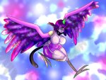 1_eye 1_horn breasts clothed clothing cosplay feathered_wings feathers feet female green_eyes green_horn hair head_wings horn mask monoeye partially_clothed purple_body purple_hair purple_skin short_hair slightly_chubby solo talons toes unusual_wing_placement winged_arms wings bandai_namco digimon heketa_(deathwing_vt) digimon_(species) horned_humanoid humanoid purple_people_eater winged_humanoid zephyrmon absurd_res hi_res