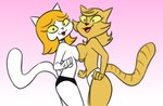 anthro blonde_hair bottomwear breast_squish breasts breasts_frottage brown_body brown_fur clothed clothing duo female female/female fur gradient_background hair markings simple_background smile squish striped_markings striped_tail stripes tail tail_markings topless underwear white_body white_fur yellow_sclera manwithnobats third-party_edit slylock_fox_and_comics_for_kids carla_(slylock_fox) cassandra_cat domestic_cat felid feline felis mammal 2019 colored flat_colors