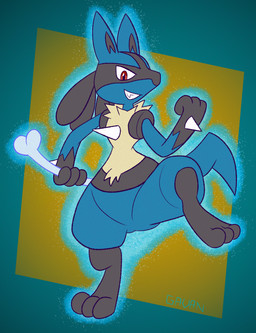 ambiguous_gender anthro aura bone chest_spike hand_spike open_mouth open_smile pupils red_eyes slit_pupils smile solo spikes spikes_(anatomy) thick_thighs toony gavanzude nintendo pokemon generation_4_pokemon lucario pokemon_(species) hi_res