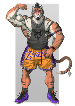 accessory anthro arm_tattoo armband_tattoo biceps black_clothing black_footwear black_hair black_socks border bottomwear chain_necklace clock clothing ear_piercing ear_ring ear_stud facial_hair flexing flexing_bicep footwear forearm_muscles fur furgonomics goatee grey_background grey_clothing grey_shirt grey_tank_top grey_topwear hair jewelry male multicolored_body multicolored_bottomwear multicolored_clothing multicolored_fur multicolored_shorts muscular muscular_anthro muscular_male necklace obliques one_eye_closed orange_body orange_eyes orange_fur pecs piercing ponytail print_clothing print_shirt print_topwear purple_bottomwear purple_clothing purple_shorts purple_sneakers ring_piercing serratus shirt shoes short_ponytail shorts sideburns simple_background smile sneakers socks solo striped_body striped_fur stripes tail tail_accessory tail_jewelry tank_top tattoo text text_on_bottomwear text_on_clothing text_on_shorts topwear two_tone_bottomwear two_tone_clothing two_tone_shorts under_armor vein veiny_muscles watch white_body white_border white_fur wink wristwatch yellow_bottomwear yellow_clothing yellow_shorts kaytormmash los_angeles_lakers kay_(kaytormmash) felid mammal pantherine tiger 2023 absurd_res hi_res