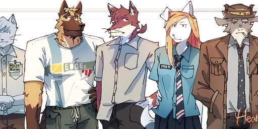accessory anthro blonde_hair blue_body blue_fur bottomwear brown_body brown_fur chart cigarette clothing coat eyewear female fur glasses grey_body grey_fur group hair hat headgear headwear height_chart jacket male necktie ponytail red_body red_fur shorts sweater topwear wearing_glasses animation_5 bovid canid canine canis caprine domestic_dog felid feline german_shepherd goat herding_dog mammal pastoral_dog hi_res model_sheet