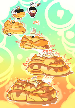 anthro belly belly_expansion big_breasts black_clothing blobby blush blush_lines breast_expansion breasts brown_body brown_fur clothing exclamation_point expansion fat_rolls featureless_breasts female food food_transformation footwear fur furry_tail gradient_background hat headgear headwear huge_breasts immobile maple_syrup morbidly_obese morbidly_obese_anthro mouthless obese obese_anthro onomatopoeia overweight overweight_anthro pancake panicking pattern_background question_mark shoes simple_background sound_effects struggling tail text thick_thighs transformation transformation_sequence weight_gain white_body white_fur flowsie domestic_cat felid feline felis food_creature gulonine mammal marten mustelid musteline sable_(marten) 2024 absurd_res hi_res sequence signature