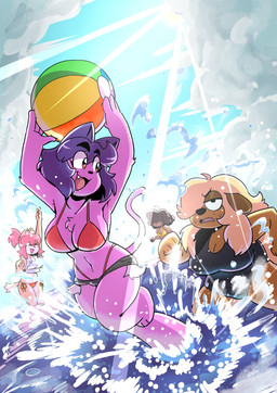 anthro ball beach_ball big_breasts blonde_hair bottomwear breasts brown_body brown_fur brown_hair cleavage clothed clothing cloud curvy_figure eyebrow_through_hair eyebrows eyes_closed female fur group hair hair_over_eye hair_over_eyes hotpants inflatable long_hair navel one_eye_obstructed open_mouth outside overweight overweight_female pink_body pink_fur pink_hair purple_hair raised_arm shirt short_hair shorts smile sun swimwear tank_top topwear translucent translucent_hair water wide_hips anaugi ello_(anaugi) lex_(updog) penny_(anaugi) sunny_(updog) canid canine canis domestic_cat domestic_dog felid feline felis mammal absurd_res hi_res