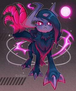 1_wing ambiguous_gender black_body black_fur claws dark_body dark_fur energy feral fur hair horn long_hair looking_at_viewer red_eyes simple_background solo wings gemikya nintendo pokemon pokemon_legends_z-a generation_9_pokemon mammal mega_absol_z mega_evolution pokemon_(species) hi_res signature