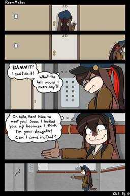 anthro black_hair brown_body brown_fur clothed clothed_anthro clothed_female clothing dialogue door ears_down elevator female fur green_eyes greeting hair hat headgear headwear highlights_(coloring) multicolored_hair nervous nervous_smile pivoted_ears red_hair solo speech_bubble text thought_bubble black-kitten maya_(black-kitten) canid canine canis domestic_dog hybrid lagomorph leporid mammal rabbit 2025 2:3 colored comic english_text hi_res