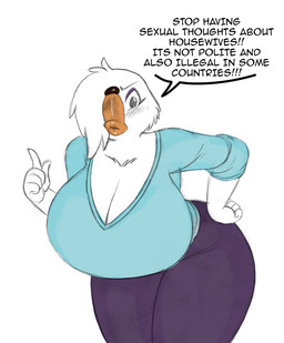 anthro beak bent_over big_breasts breasts clothed clothing female gesture hair hair_over_eye hand_gesture huge_breasts lips looking_at_viewer mature_female non-mammal_breasts pointing simple_background slightly_chubby solo text thick_lips white_background white_body chochi stop_thinking_about_sex alba_(chochi) anatid anseriform anserine avian bird goose english_text meme