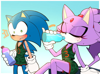 anthro athletic blush bodily_fluids bottle clothing container cosplay crossover_cosplay drinking duo embarrassed eyes_closed female gesture hair hero indirect_kiss jersey male male/female ponytail princess raised_finger raised_pinky romantic romantic_couple royalty shirt sports_uniform sweat topwear uniform water_bottle dai_honeys goat_(movie) sega sonic_the_hedgehog_(series) sony_corporation sony_pictures blaze_the_cat jett_fillmore sonic_the_hedgehog will_harris domestic_cat eulipotyphlan felid feline felis hedgehog mammal crossover hi_res
