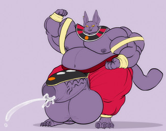 4_fingers 4_toes anthro balls barefoot big_balls big_muscles big_penis bodily_fluids claws clothing cum cumshot darkened_areola darkened_genitalia darkened_glans darkened_nipples ear_piercing ejaculation feet fingers genital_fluids genitals glans hairless hands-free huge_balls huge_muscles huge_penis hyper hyper_balls hyper_genitalia hyper_muscles hyper_penis looking_at_viewer male musclegut muscular muscular_anthro muscular_male nipples open_mouth overweight overweight_anthro overweight_male penis piercing purple_balls purple_body purple_glans purple_nipples purple_penis simple_background smile solo tail toe_claws toes vein vezerem dragon_ball dragon_ball_super champa domestic_cat felid feline felis hairless_cat mammal sphynx_(cat) hi_res