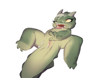 3_toes after_cloacal after_sex ambiguous_gender animal_genitalia anthro belly bodily_fluids cloaca cum cum_in_cloaca cum_in_mouth cum_inside cum_on_face cum_string eye_roll eyelashes feet fucked_silly genital_fluids genitals green_body green_scales horn lying nude on_back open_mouth plantigrade pupils scales simple_background slit_pupils solo spread_legs spreading tan_sclera toes tongue tongue_out vertical_cloaca white_background ihzaak kobold scalie 2020 hi_res