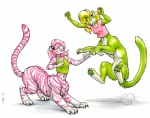 2012 blonde_hair candy_(star_phoenix) chakat chakona_space clothing duo felid felid_taur female fur green_body green_fur hair herm_(lore) jumping mammal mammal_taur markings megan_giles pantherine pink_body pink_fur pink_hair pink_markings pink_stripes pixie_(star_phoenix) playing quadruped shirt simple_background striped_body striped_fur stripes tail tank_top taur tiger topwear white_background white_body white_fur