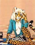 ankh anthro beach biped black_body black_fur blonde_hair breasts cleavage clothed clothing collar electronics female female_anthro front_view fur green_eyes hair looking_at_viewer markings outside radio sand simple_background sitting solo spots spotted_body spotted_fur tan_background white_body white_fur yellow_body yellow_fur terrie_smith betsy_(terrie_smith) felid jaguar mammal pantherine 1998 dated signature