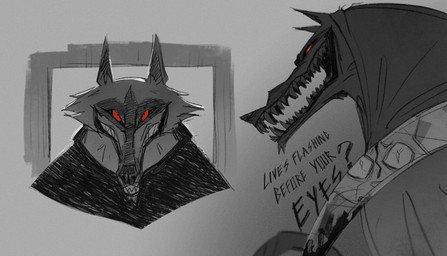 anthro blood blood_drip blood_on_face blood_on_object blood_on_weapon bodily_fluids cheek_tuft cloak clothing creepy creepy_face creepy_smile dialogue dripping duo ears_up evil_face evil_grin facial_tuft fangs fur fuzzy grey_background grin holding_object holding_weapon hood hood_up long_muzzle looking_at_viewer male narrowed_eyes open_mouth open_smile pointy_ears poncho prick_ears question red_eyes reflection scared scary sharp_teeth sickle simple_background smile solo_focus teeth text tuft weapon whiskers wide_eyed scaly_neighbour dreamworks puss_in_boots_(franchise) death_(puss_in_boots) puss_in_boots_(dreamworks) canid canine canis domestic_cat felid feline felis mammal wolf english_text hi_res monochrome multiple_images sketch